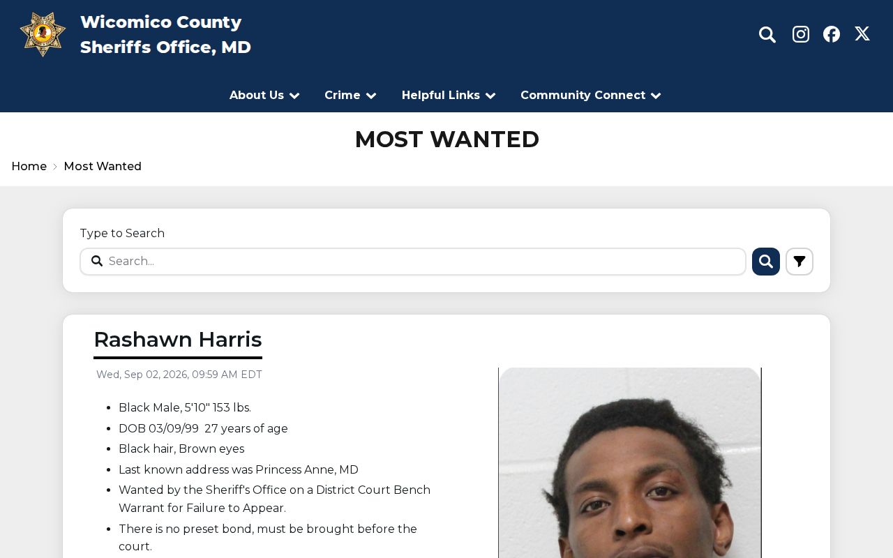 Wicomico County Sheriff official most wanted and warrant interface