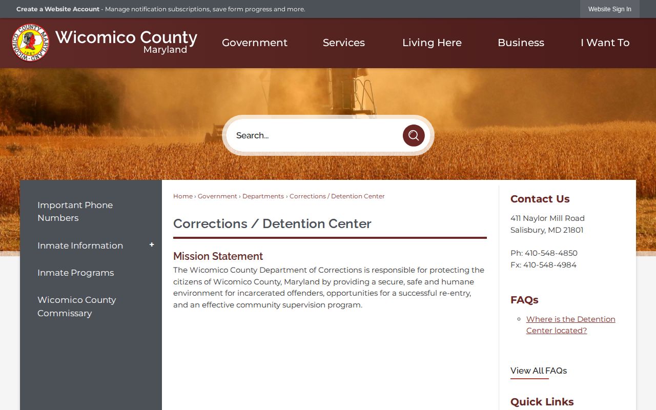 Wicomico County Corrections page linking to Maryland VINE alerts