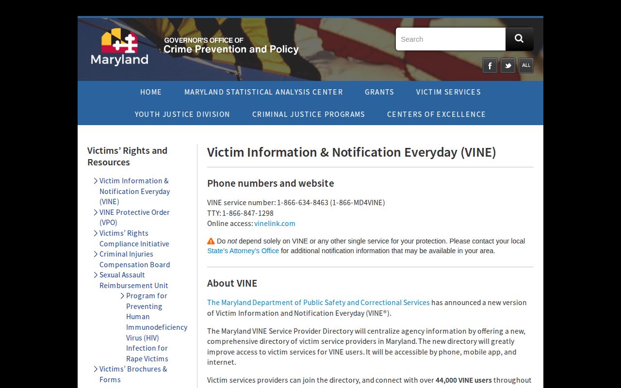 Maryland VINE information for Wicomico County custody alerts